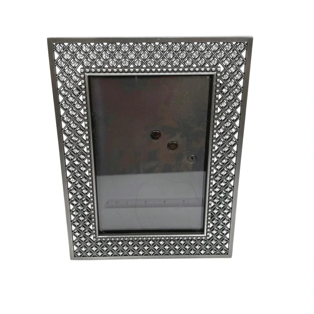 Vtg Gunmetal Rhinestone Lattice Jewel PhotoFrame Art Deco Hollywood Regency Glam